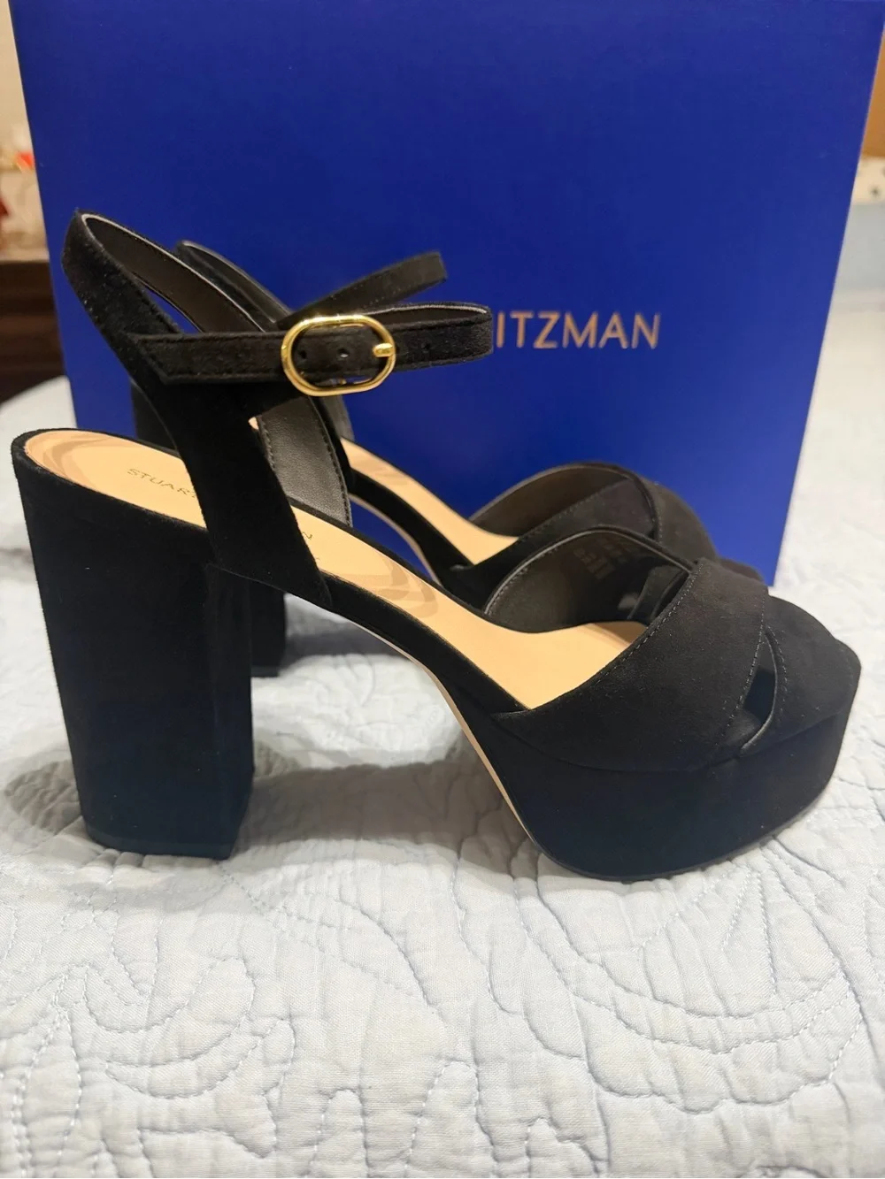 Stuart Weitzman Black Suede Platform Sandals with Gold Buckle